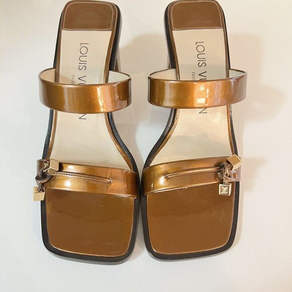 Louis Vuitton Patent Leather Brown Slip On Tassels Sandals Block Heels SZ 36.5 - Picture 5 of 15